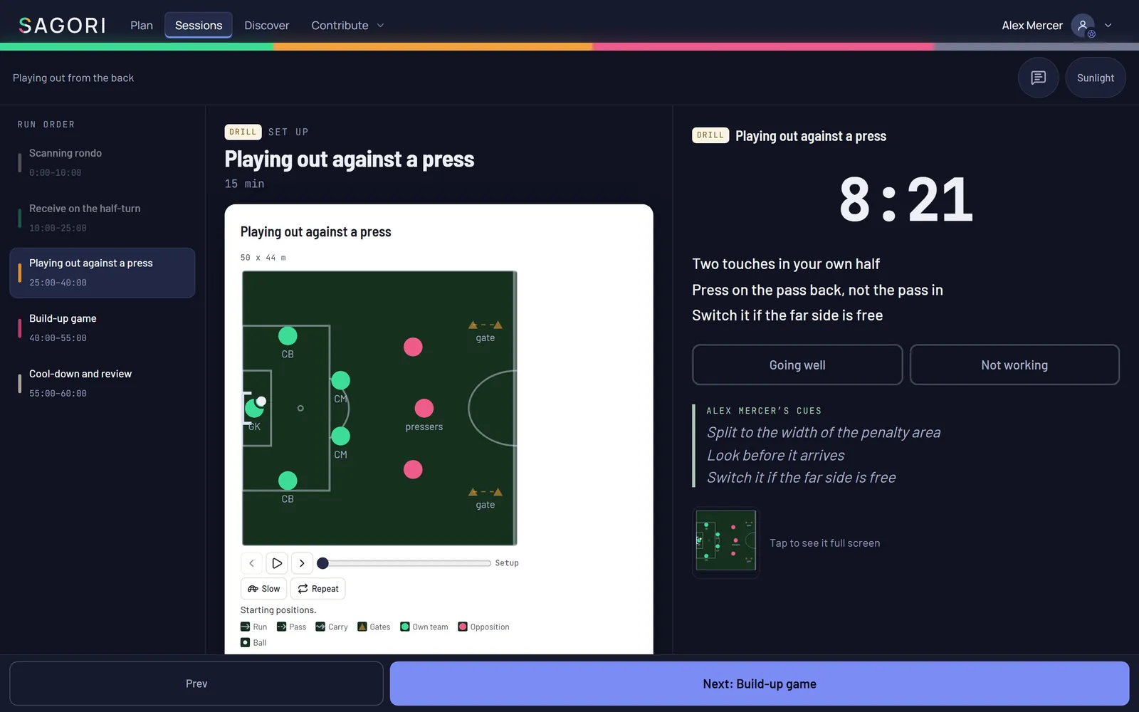 Sagori field view: the drill drawn on a pitch, a large running clock and the coach’s cues.