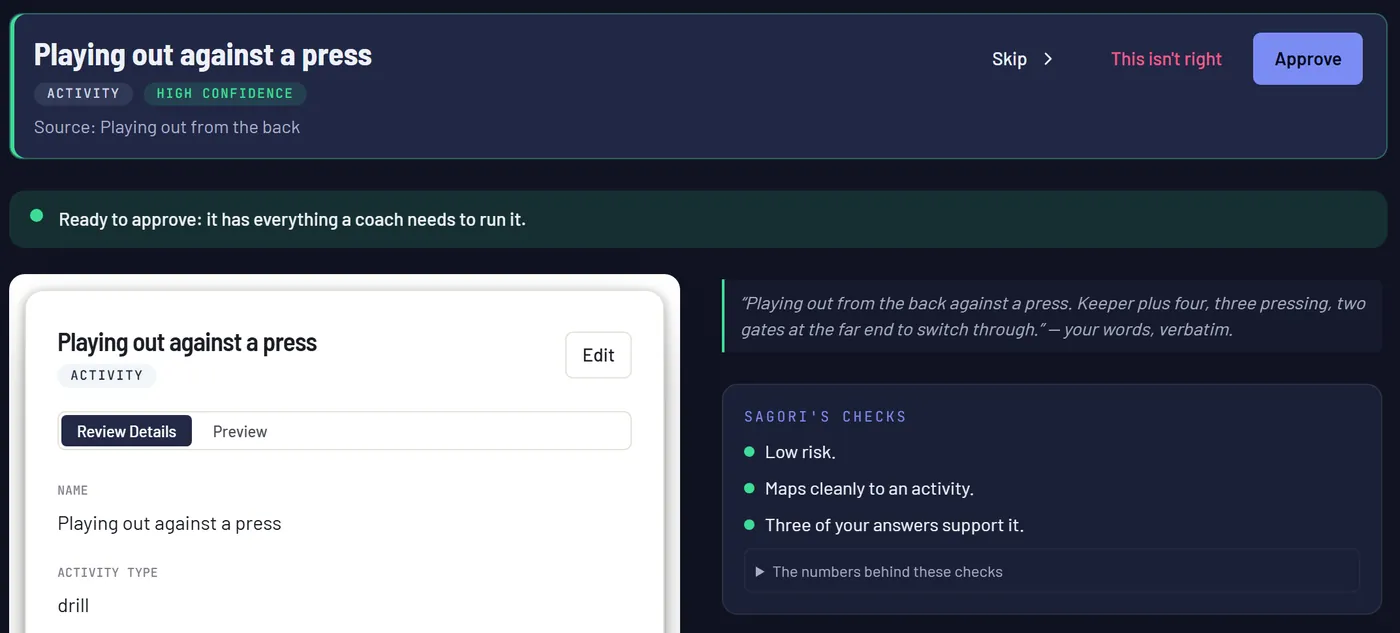 The Sagori review screen: a coach checking the insights extracted from their own material.